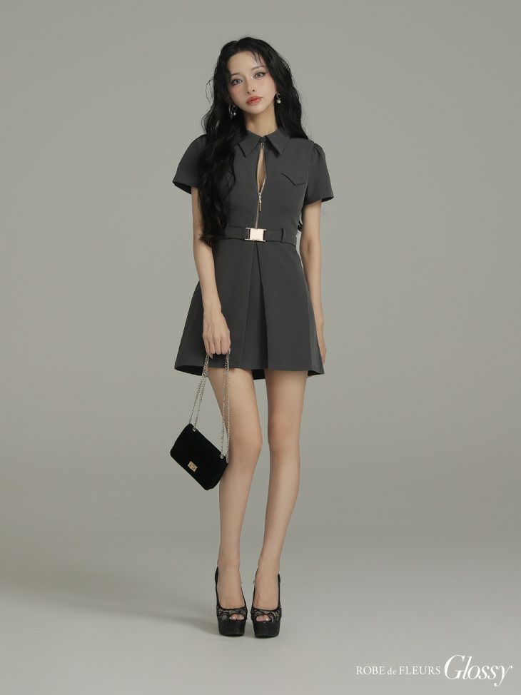 Glossy ローブドフルールグロッシー 【XS～Lサイズあり】シャツカラーウエストベルトフレアミニキャバドレス gl4617