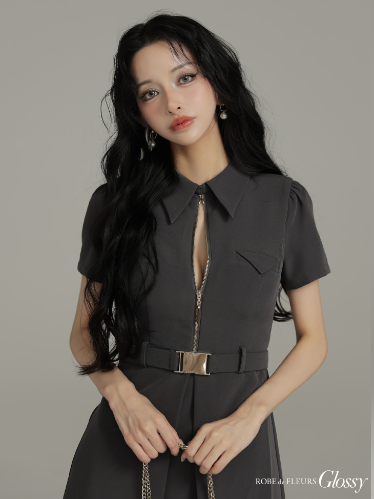 Glossy ローブドフルールグロッシー 【XS～Lサイズあり】シャツカラーウエストベルトフレアミニキャバドレス gl4617