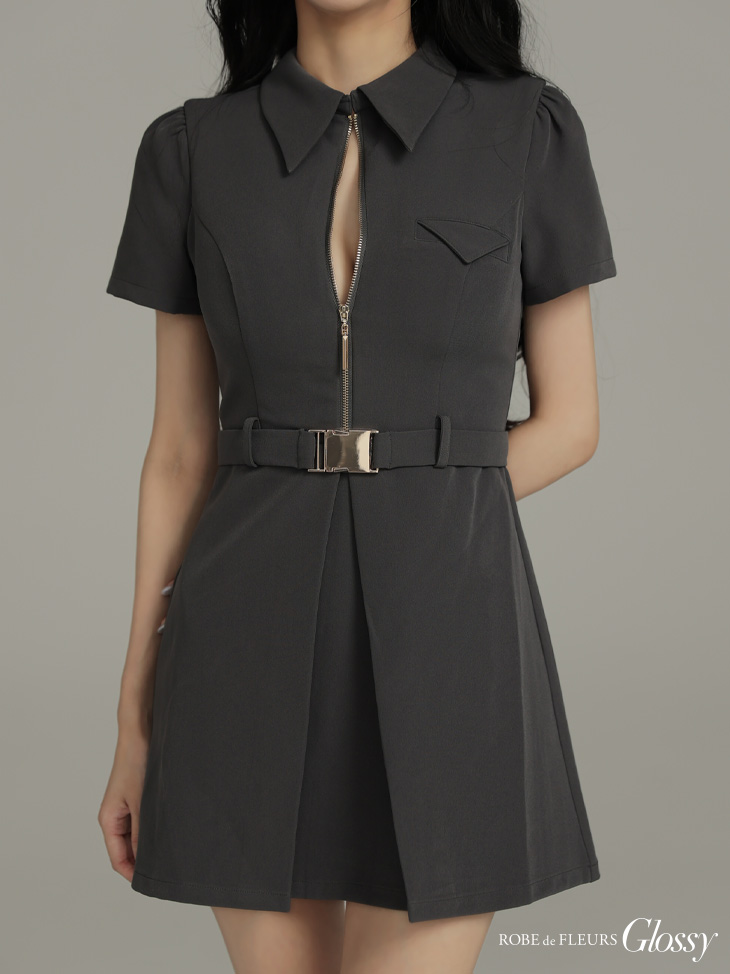 Glossy ローブドフルールグロッシー 【XS～Lサイズあり】シャツカラーウエストベルトフレアミニキャバドレス gl4617