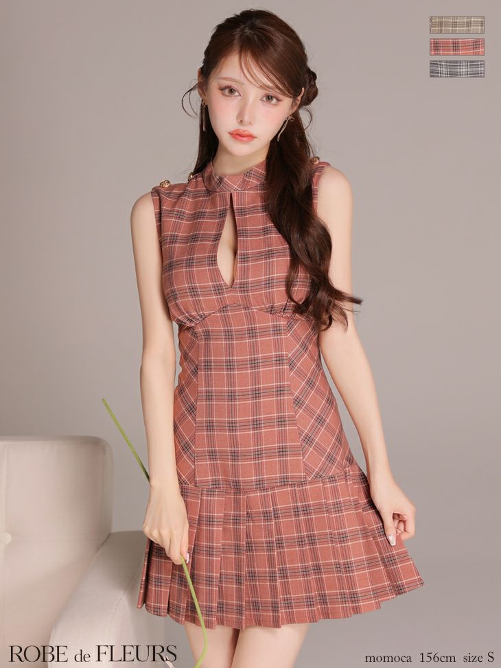 ROBE de FLEURS ローブドフルール 【XSサイズあり】クラシカルチェックツイルプリーツミニキャバドレス fm3389-c