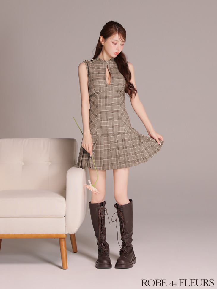 ROBE de FLEURS ローブドフルール 【XSサイズあり】クラシカルチェックツイルプリーツミニキャバドレス fm3389-c