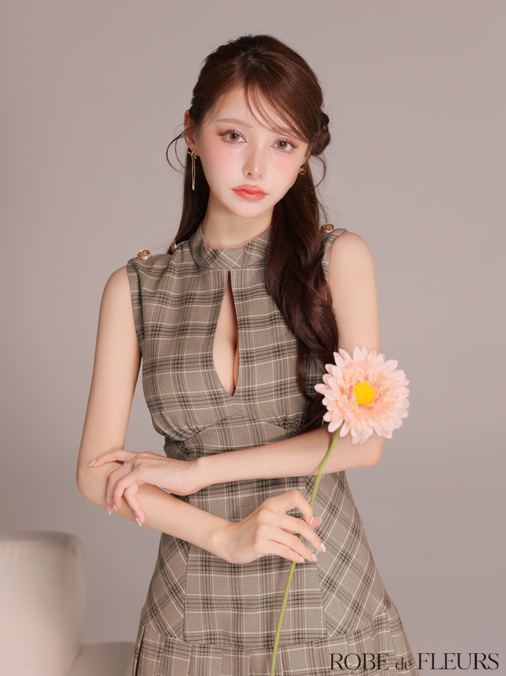 ROBE de FLEURS ローブドフルール 【XSサイズあり】クラシカルチェックツイルプリーツミニキャバドレス fm3389-c
