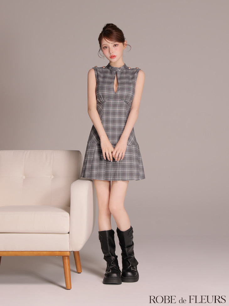 ROBE de FLEURS ローブドフルール 【XSサイズあり】クラシカルチェックツイルプリーツミニキャバドレス fm3389-c