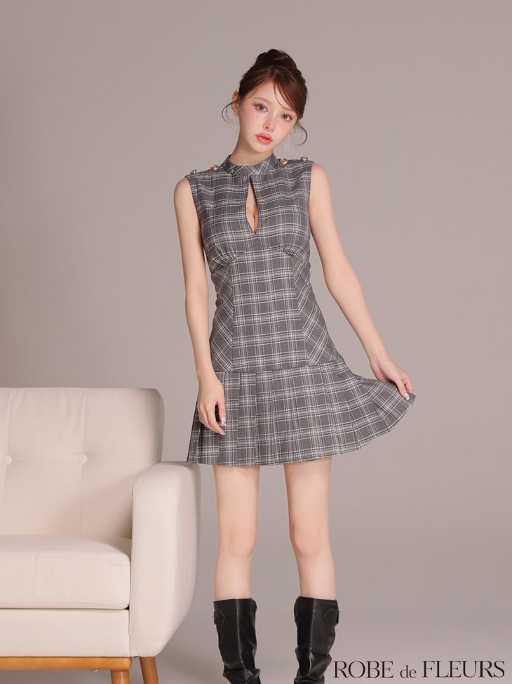 ROBE de FLEURS ローブドフルール 【XSサイズあり】クラシカルチェックツイルプリーツミニキャバドレス fm3389-c