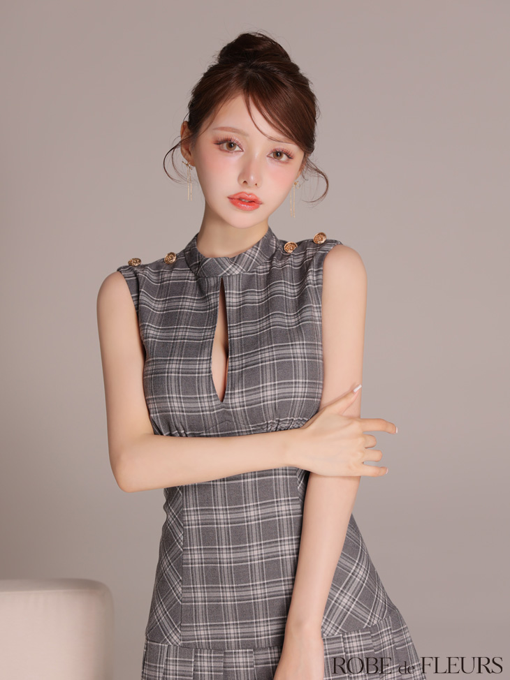 ROBE de FLEURS ローブドフルール 【XSサイズあり】クラシカルチェックツイルプリーツミニキャバドレス fm3389-c