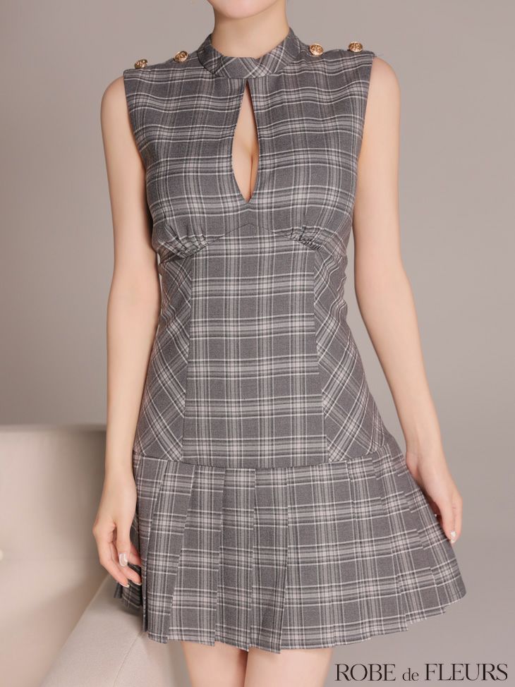 ROBE de FLEURS ローブドフルール 【XSサイズあり】クラシカルチェックツイルプリーツミニキャバドレス fm3389-c