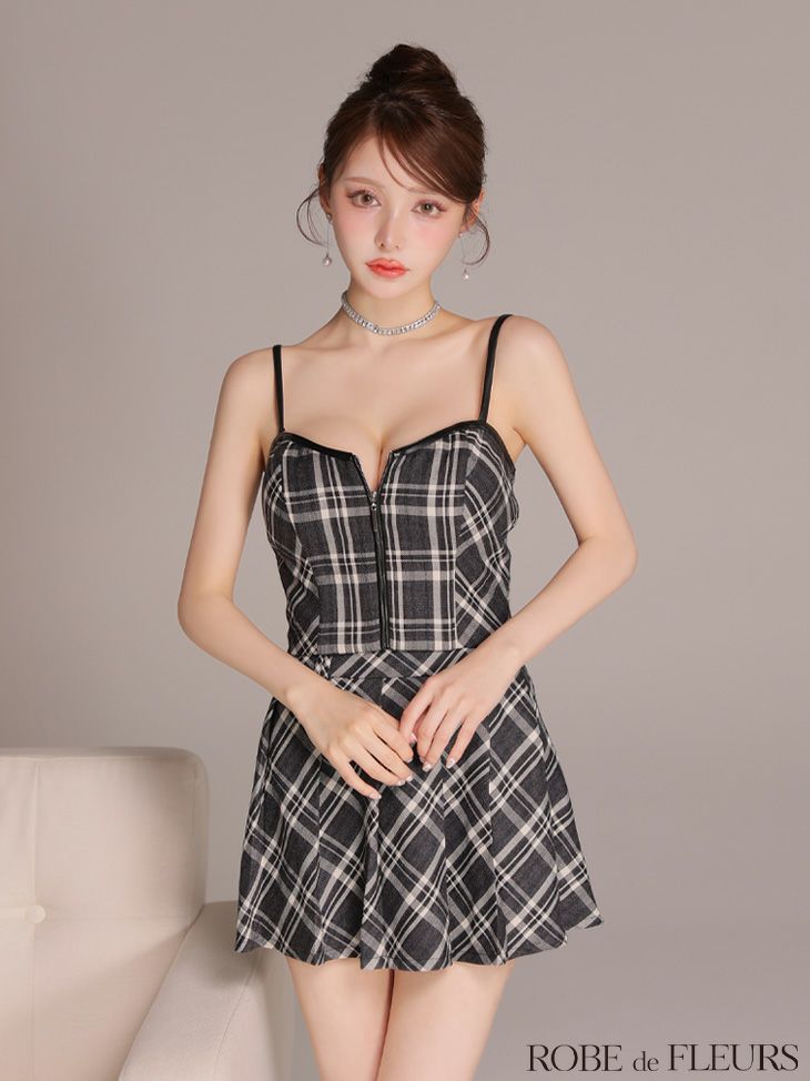 ROBE de FLEURS ローブドフルール 【XSサイズあり】レザーミニリボンチェックフレアセットアップミニキャバドレス fm4308-c