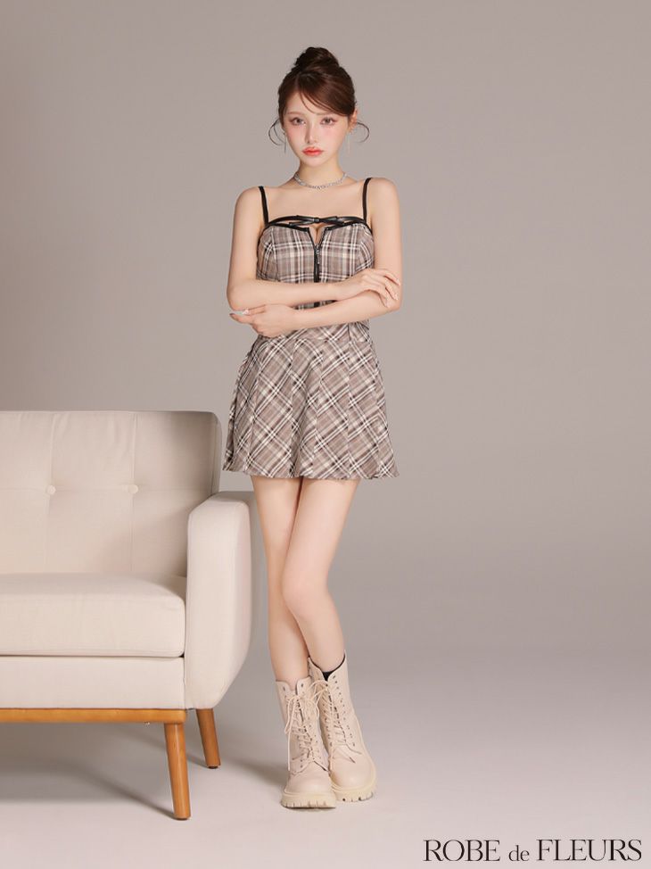 ROBE de FLEURS ローブドフルール 【XSサイズあり】レザーミニリボンチェックフレアセットアップミニキャバドレス fm4308-c