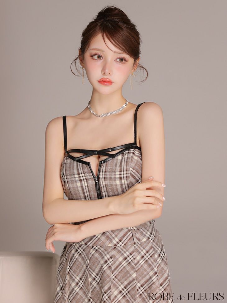 ROBE de FLEURS ローブドフルール 【XSサイズあり】レザーミニリボンチェックフレアセットアップミニキャバドレス fm4308-c