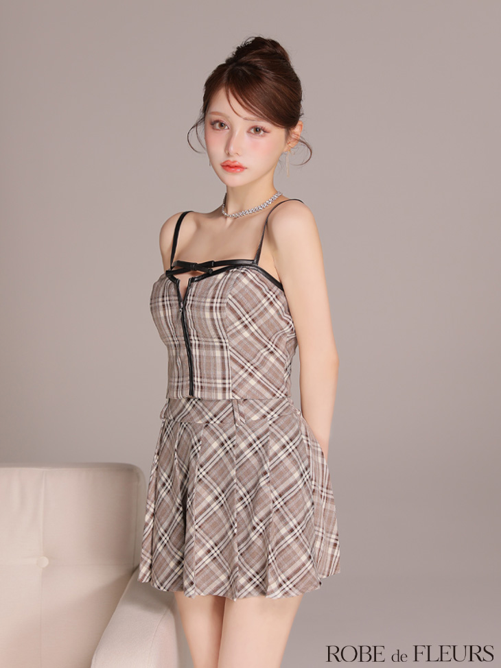 ROBE de FLEURS ローブドフルール 【XSサイズあり】レザーミニリボンチェックフレアセットアップミニキャバドレス fm4308-c