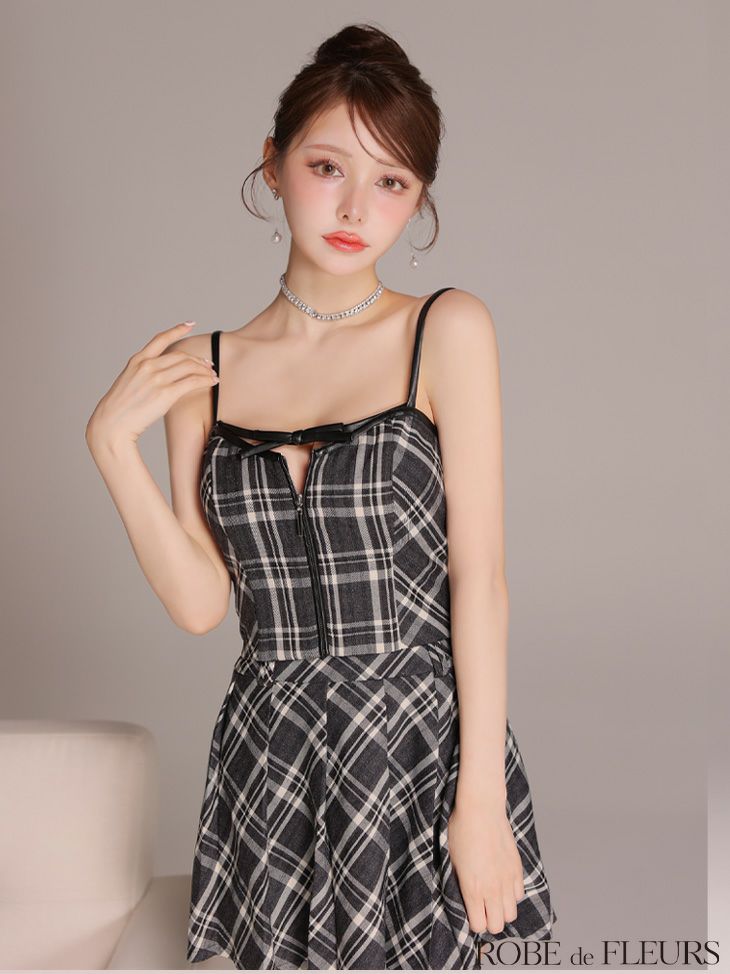 ROBE de FLEURS ローブドフルール 【XSサイズあり】レザーミニリボンチェックフレアセットアップミニキャバドレス fm4308-c