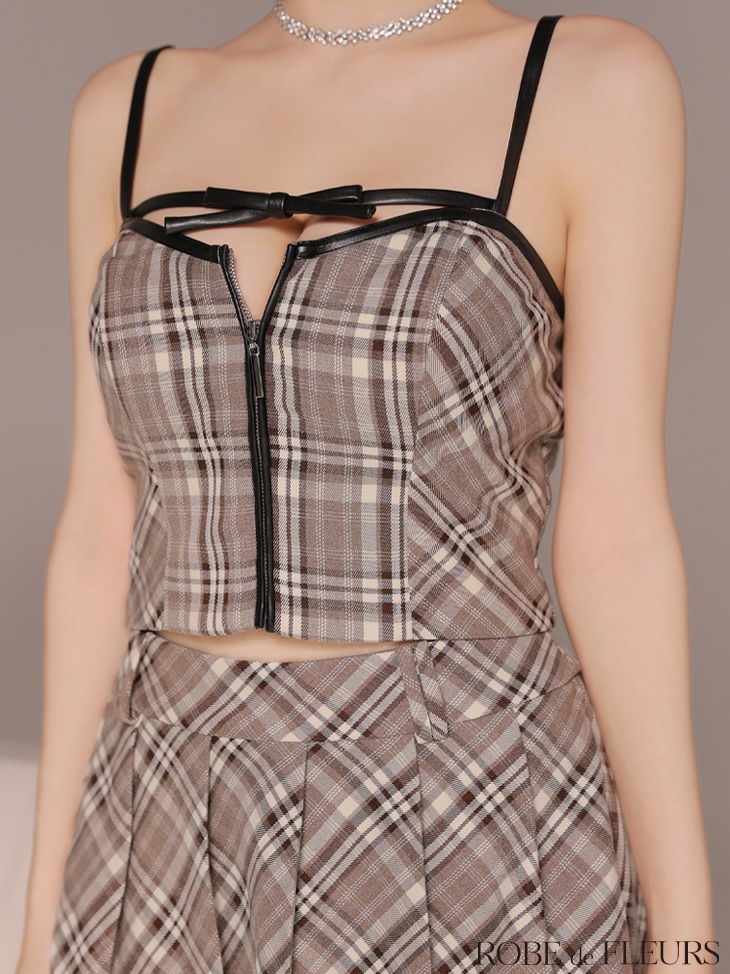 ROBE de FLEURS ローブドフルール 【XSサイズあり】レザーミニリボンチェックフレアセットアップミニキャバドレス fm4308-c