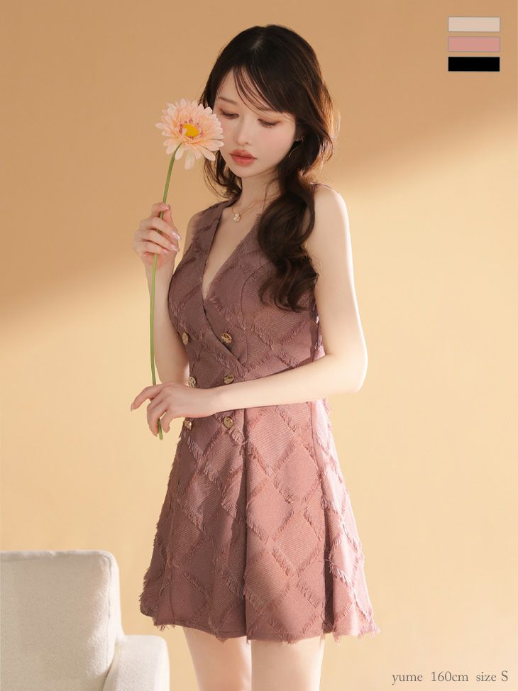 DEA. ディア バイ ローブドフルール 【XS~Lサイズあり】フリンジジャガードダブルボタンフレアミニキャバドレス de4311-c