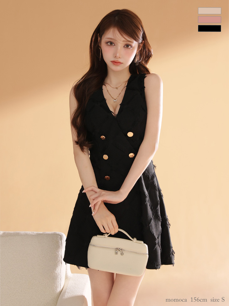 DEA. ディア バイ ローブドフルール 【XS~Lサイズあり】フリンジジャガードダブルボタンフレアミニキャバドレス de4311-c