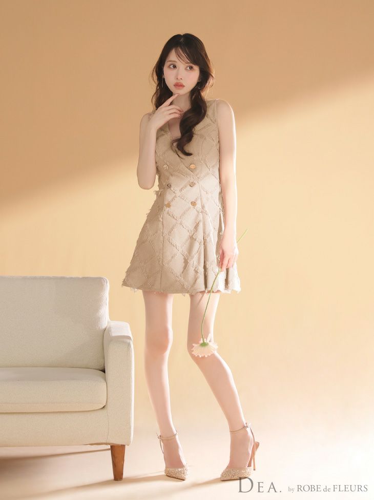 DEA. ディア バイ ローブドフルール 【XS~Lサイズあり】フリンジジャガードダブルボタンフレアミニキャバドレス de4311-c