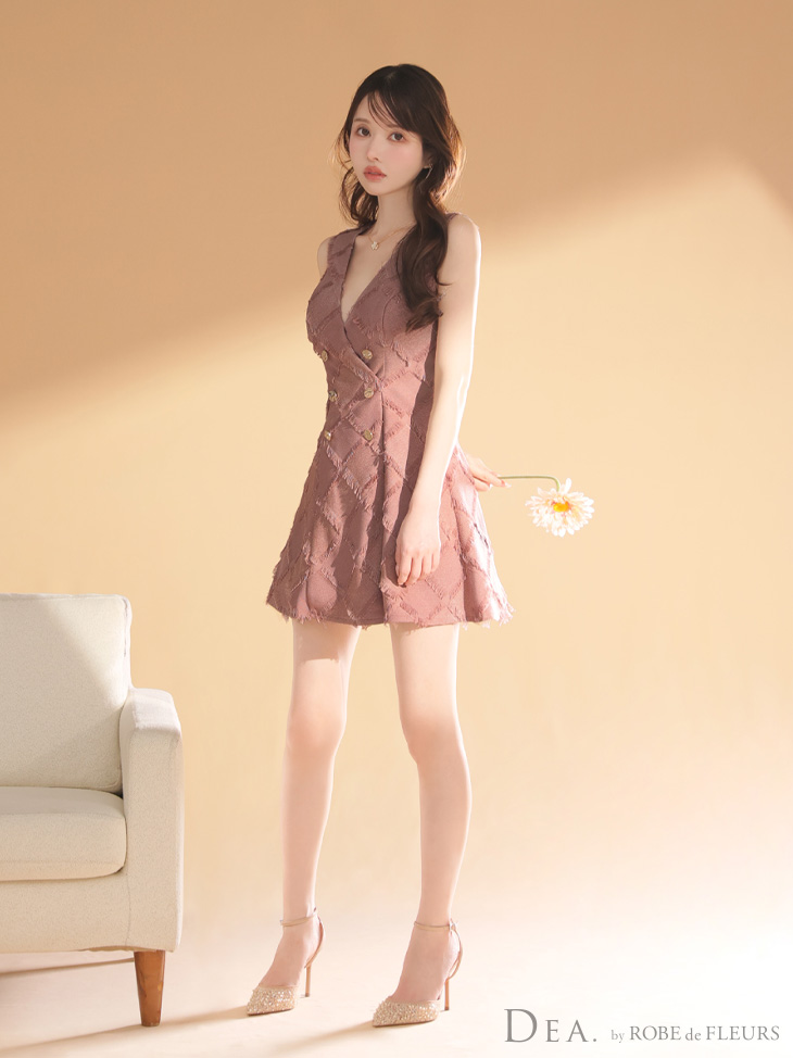 DEA. ディア バイ ローブドフルール 【XS~Lサイズあり】フリンジジャガードダブルボタンフレアミニキャバドレス de4311-c