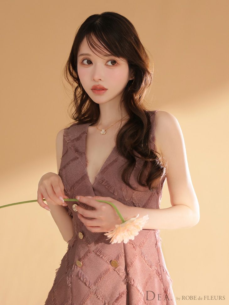 DEA. ディア バイ ローブドフルール 【XS~Lサイズあり】フリンジジャガードダブルボタンフレアミニキャバドレス de4311-c