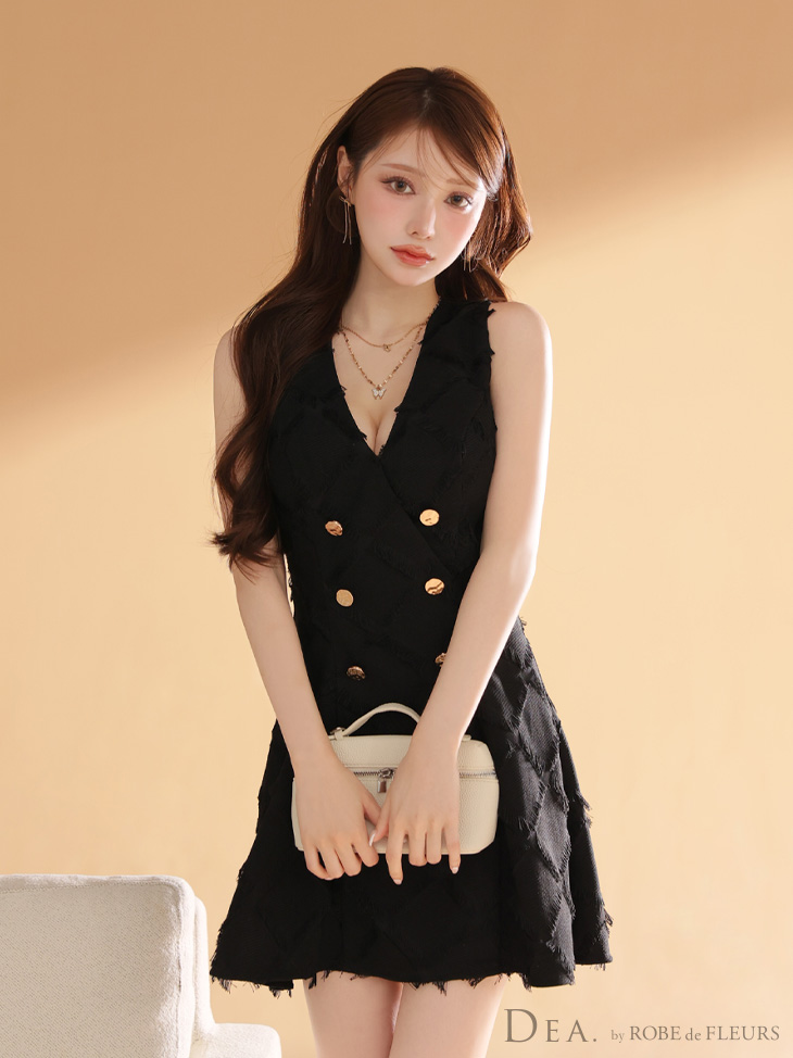 DEA. ディア バイ ローブドフルール 【XS~Lサイズあり】フリンジジャガードダブルボタンフレアミニキャバドレス de4311-c
