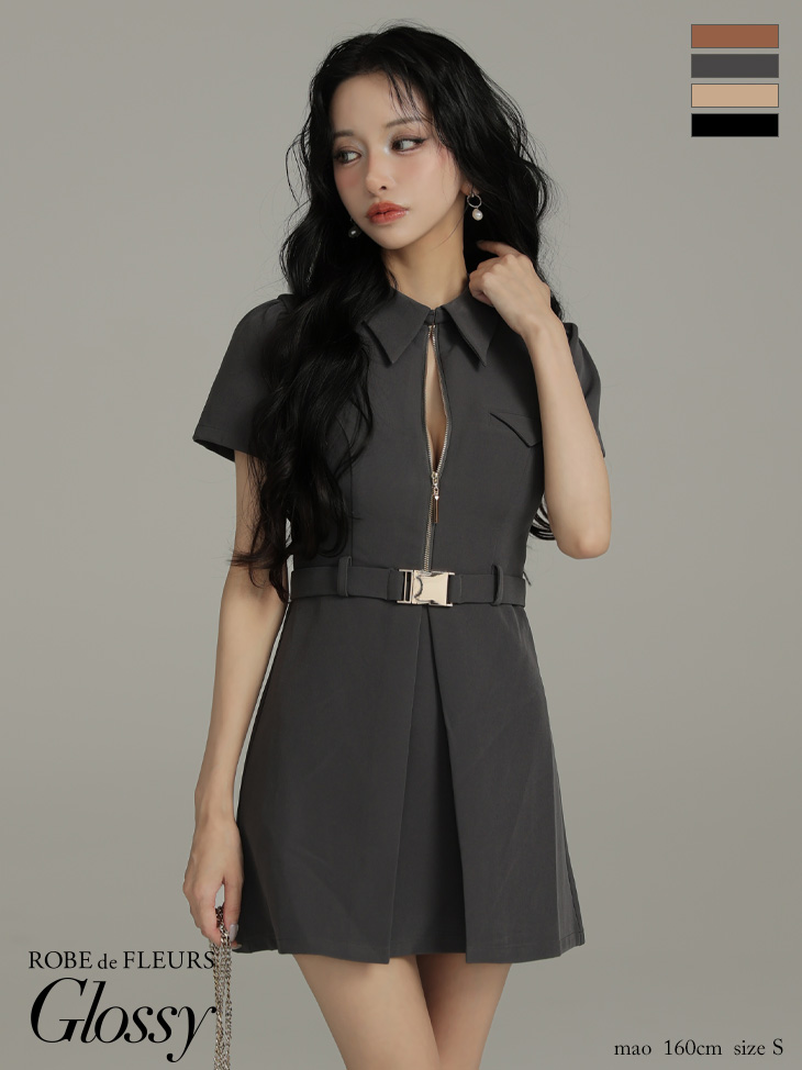 Glossy ローブドフルールグロッシー 【XS～Lサイズあり】シャツカラーウエストベルトフレアミニキャバドレス gl4617-c