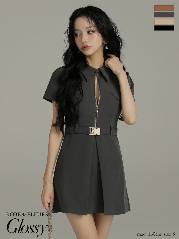 Glossy ローブドフルールグロッシー 【XS～Lサイズあり】シャツカラーウエストベルトフレアミニキャバドレス gl4617-c