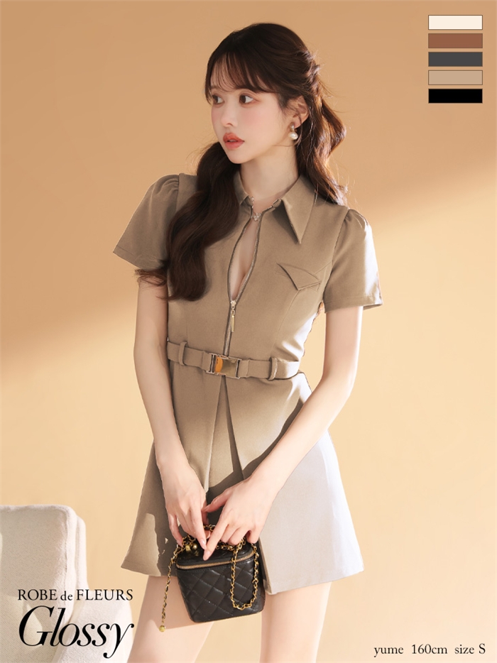 Glossy ローブドフルールグロッシー 【XS～Lサイズあり】シャツカラーウエストベルトフレアミニキャバドレス gl4617-c