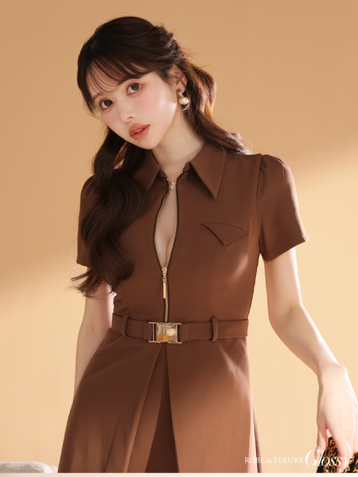 Glossy ローブドフルールグロッシー 【XS～Lサイズあり】シャツカラーウエストベルトフレアミニキャバドレス gl4617-c