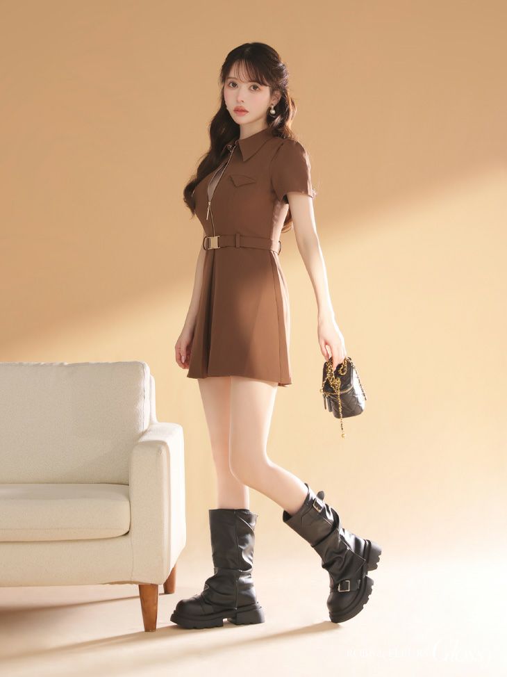 Glossy ローブドフルールグロッシー 【XS～Lサイズあり】シャツカラーウエストベルトフレアミニキャバドレス gl4617-c