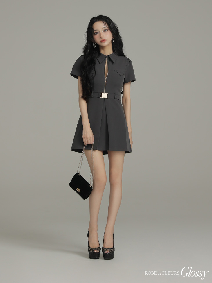 Glossy ローブドフルールグロッシー 【XS～Lサイズあり】シャツカラーウエストベルトフレアミニキャバドレス gl4617-c