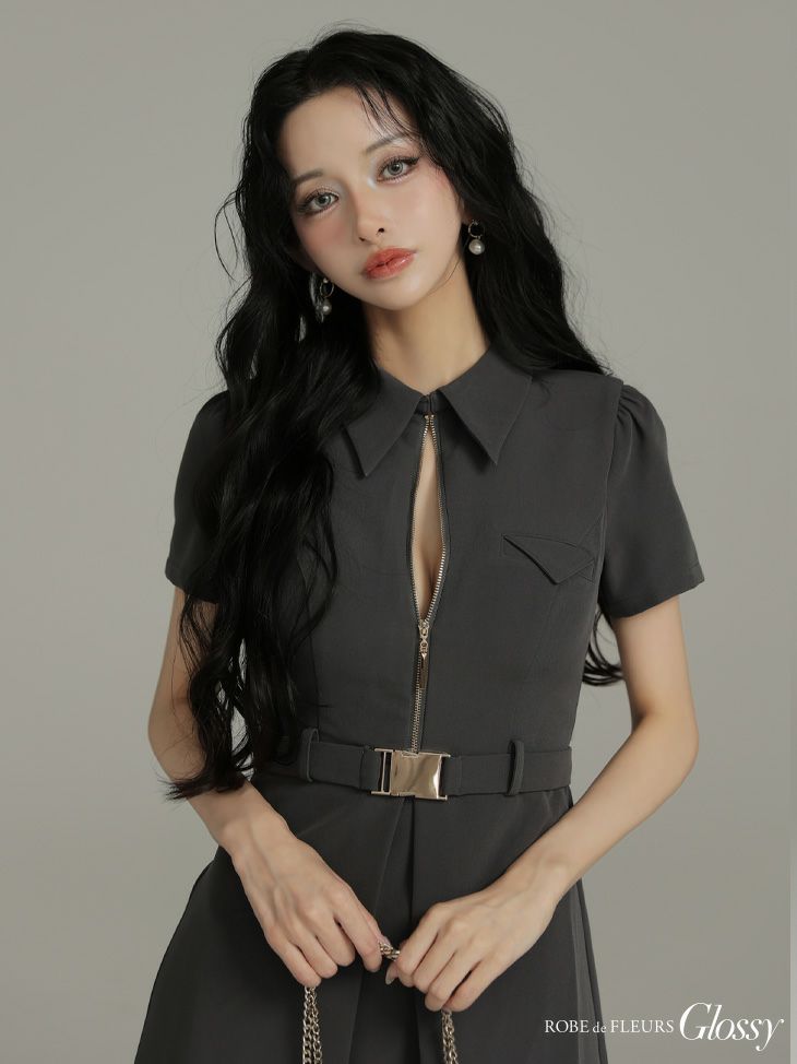 Glossy ローブドフルールグロッシー 【XS～Lサイズあり】シャツカラーウエストベルトフレアミニキャバドレス gl4617-c