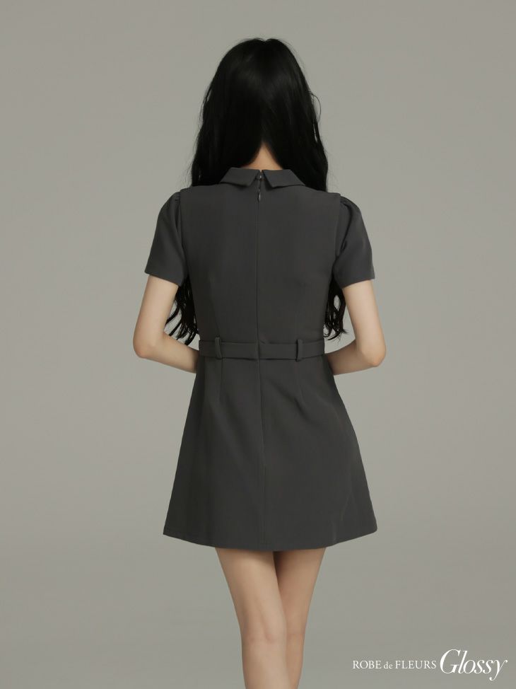 Glossy ローブドフルールグロッシー 【XS～Lサイズあり】シャツカラーウエストベルトフレアミニキャバドレス gl4617-c
