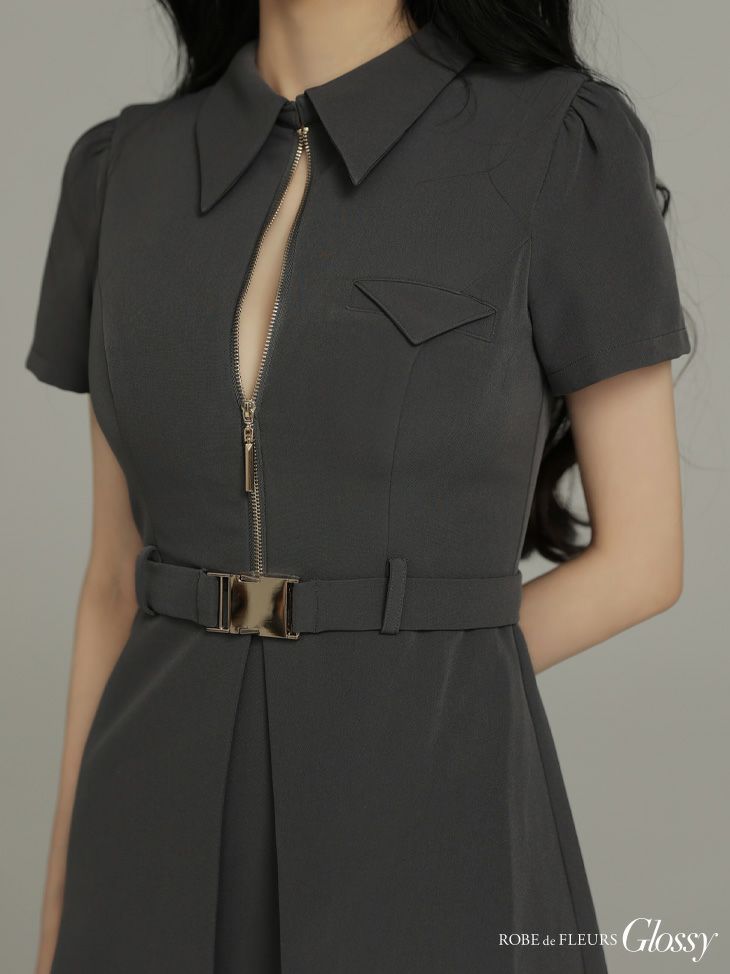 Glossy ローブドフルールグロッシー 【XS～Lサイズあり】シャツカラーウエストベルトフレアミニキャバドレス gl4617-c