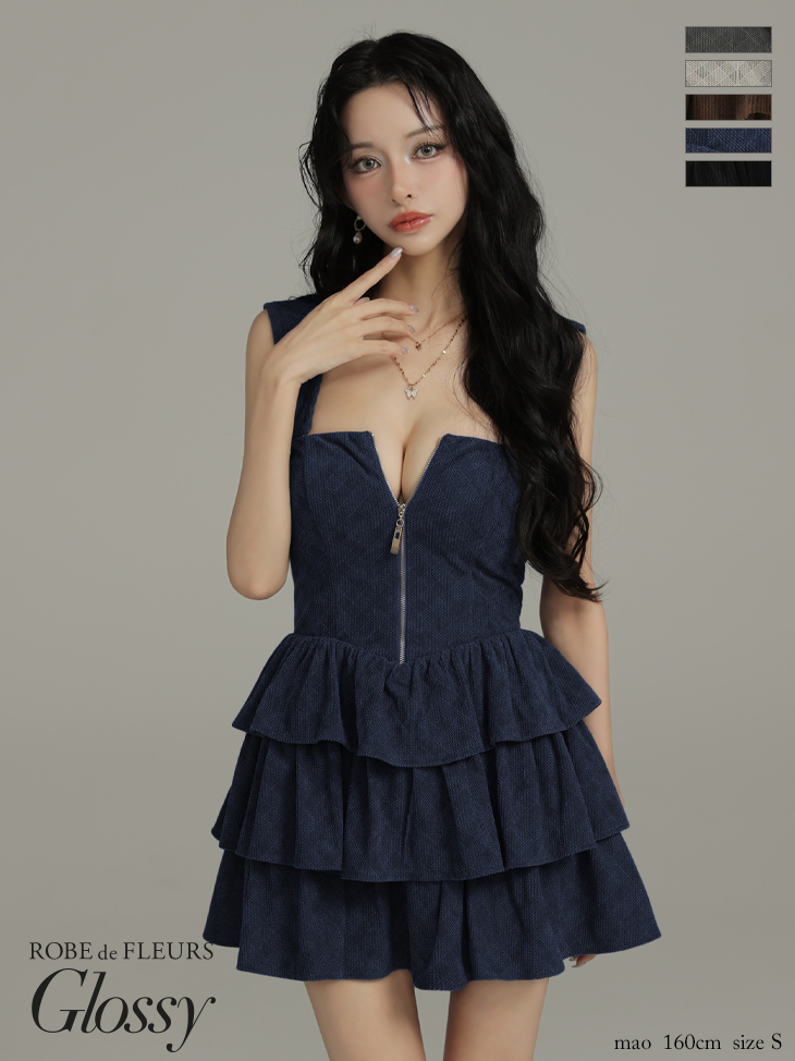 Glossy ローブドフルールグロッシー 【XSサイズあり】2wayフーディーバストジップティアードフレアミニキャバドレス gl4621-c