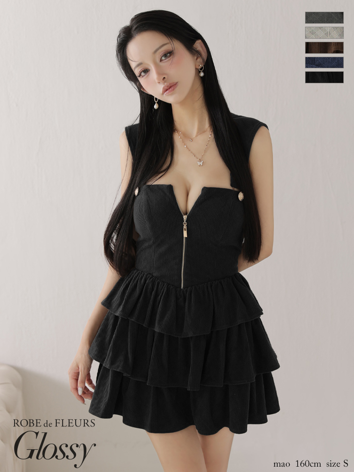 Glossy ローブドフルールグロッシー 【XSサイズあり】2wayフーディーバストジップティアードフレアミニキャバドレス gl4621-c