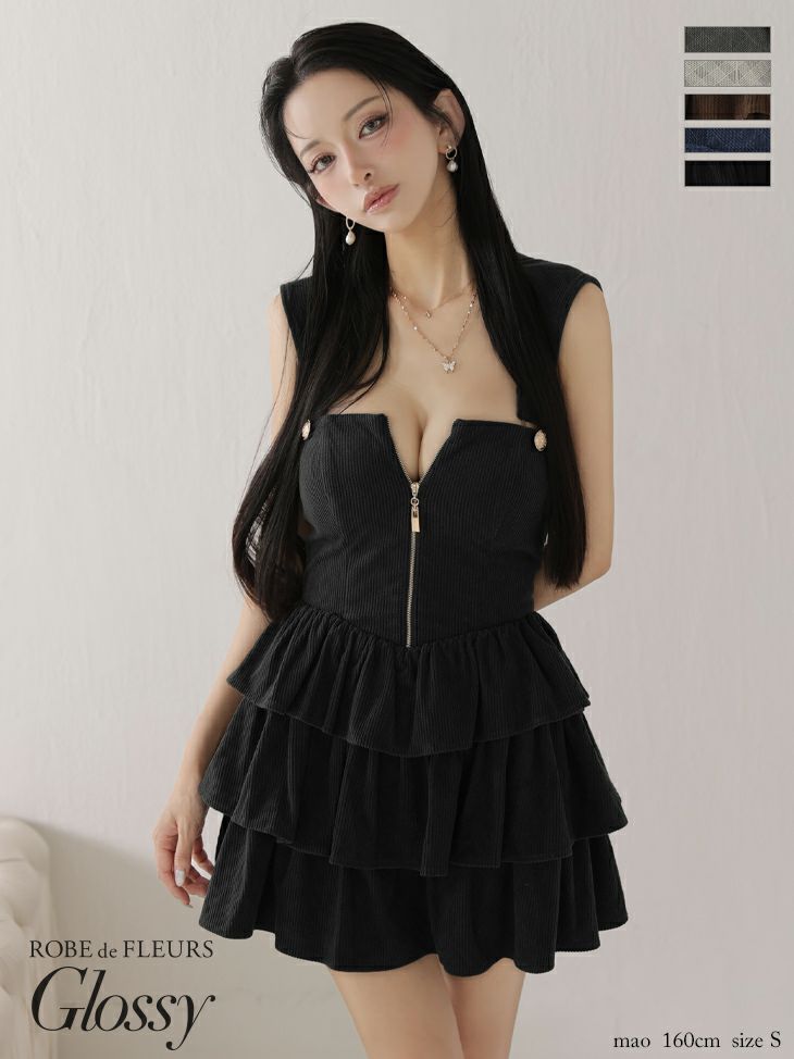 Glossy ローブドフルールグロッシー 【XSサイズあり】2wayフーディーバストジップティアードフレアミニキャバドレス gl4621-c