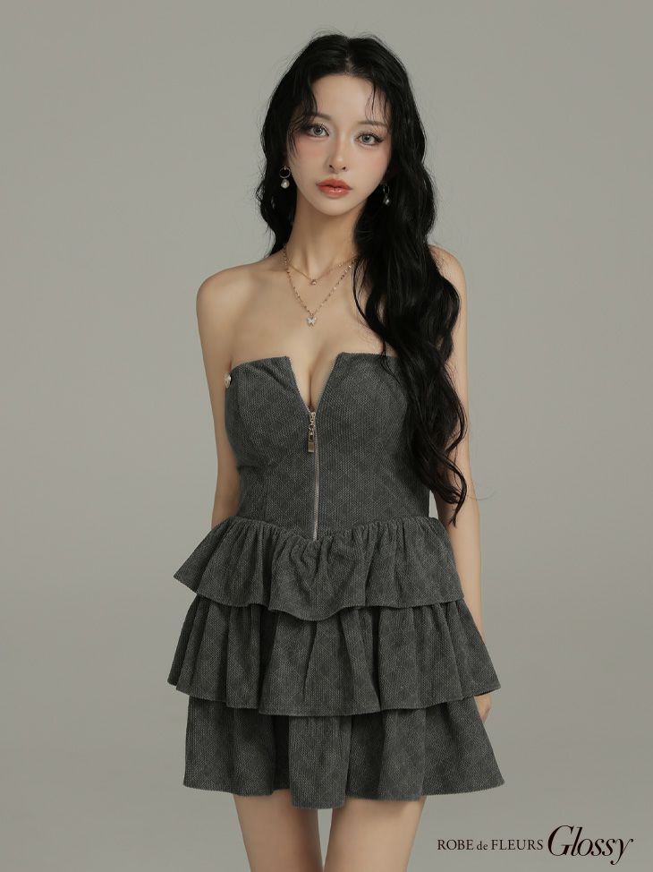 Glossy ローブドフルールグロッシー 【XSサイズあり】2wayフーディーバストジップティアードフレアミニキャバドレス gl4621-c