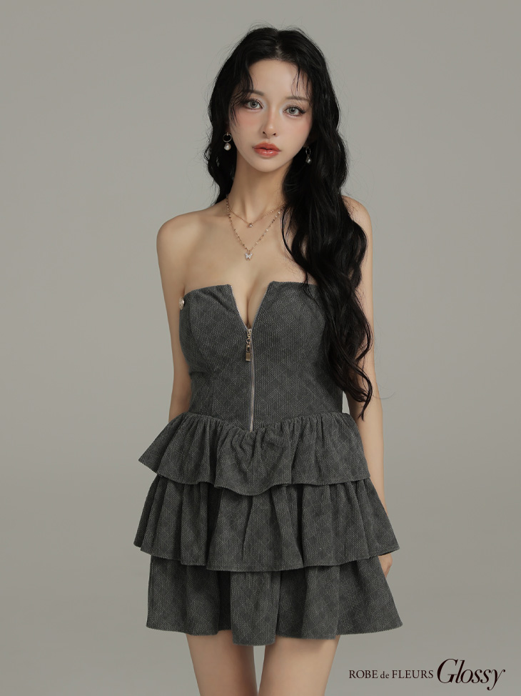 Glossy ローブドフルールグロッシー 【XSサイズあり】2wayフーディーバストジップティアードフレアミニキャバドレス gl4621-c