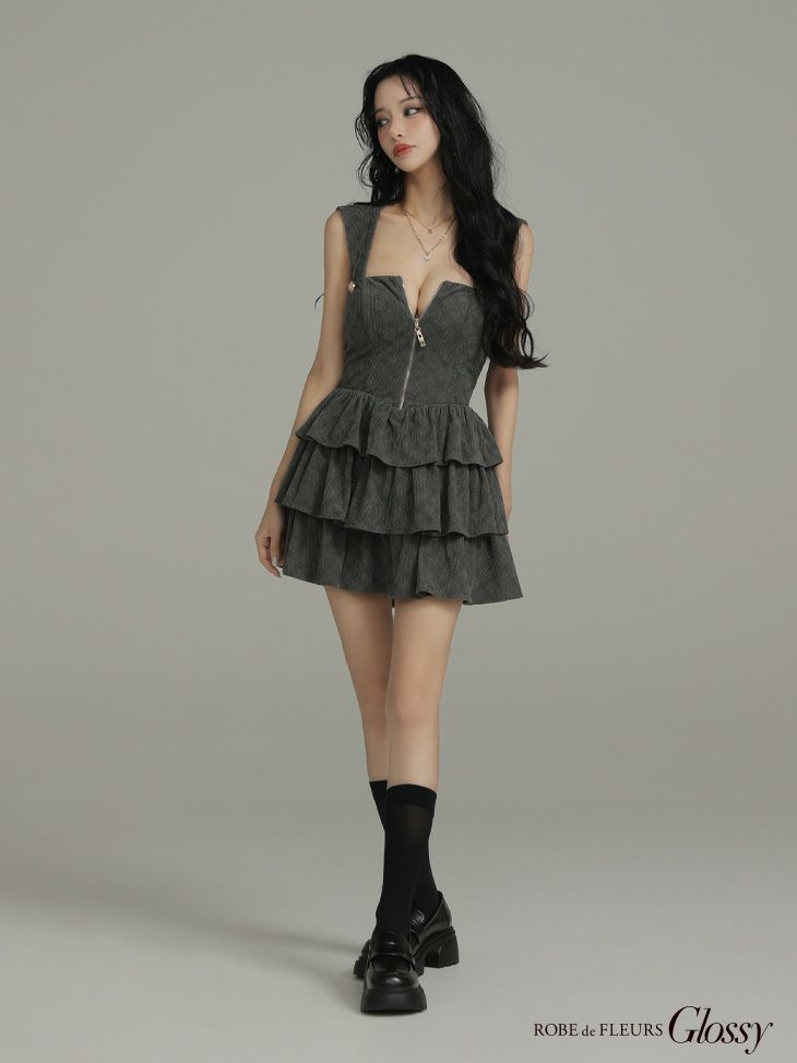 Glossy ローブドフルールグロッシー 【XSサイズあり】2wayフーディーバストジップティアードフレアミニキャバドレス gl4621-c