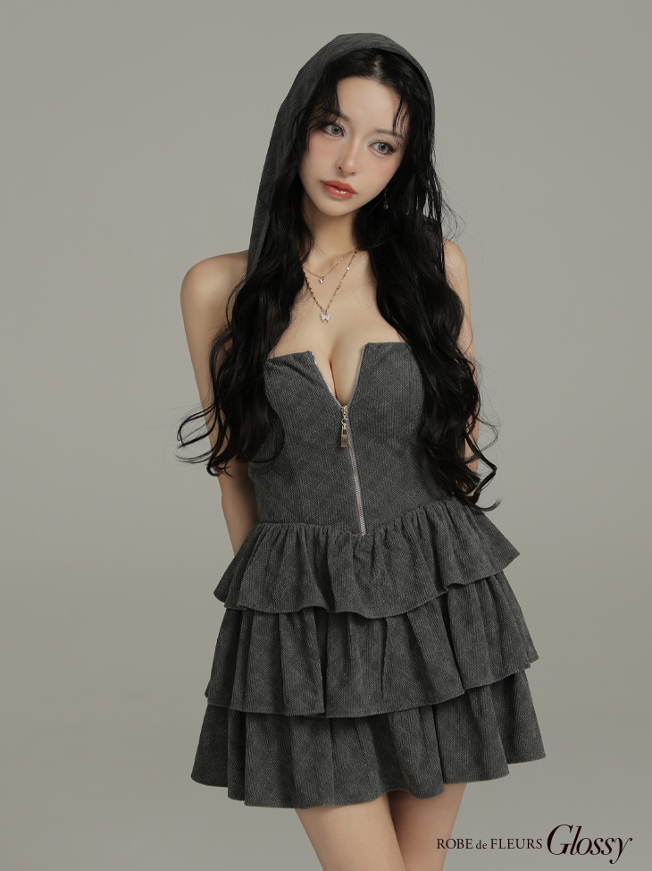 Glossy ローブドフルールグロッシー 【XSサイズあり】2wayフーディーバストジップティアードフレアミニキャバドレス gl4621-c