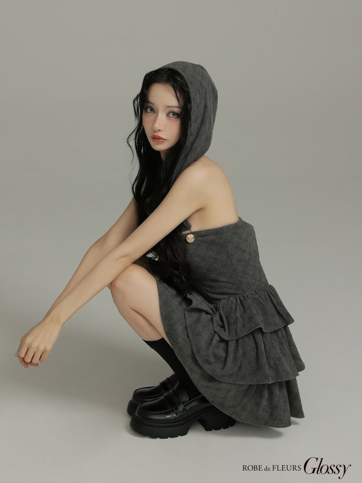 Glossy ローブドフルールグロッシー 【XSサイズあり】2wayフーディーバストジップティアードフレアミニキャバドレス gl4621-c