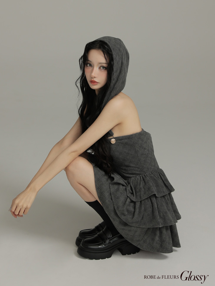 Glossy ローブドフルールグロッシー 【XSサイズあり】2wayフーディーバストジップティアードフレアミニキャバドレス gl4621-c