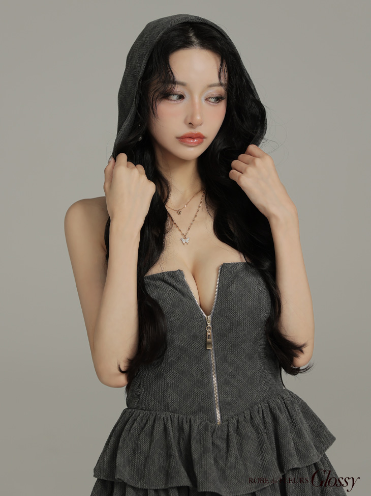 Glossy ローブドフルールグロッシー 【XSサイズあり】2wayフーディーバストジップティアードフレアミニキャバドレス gl4621-c