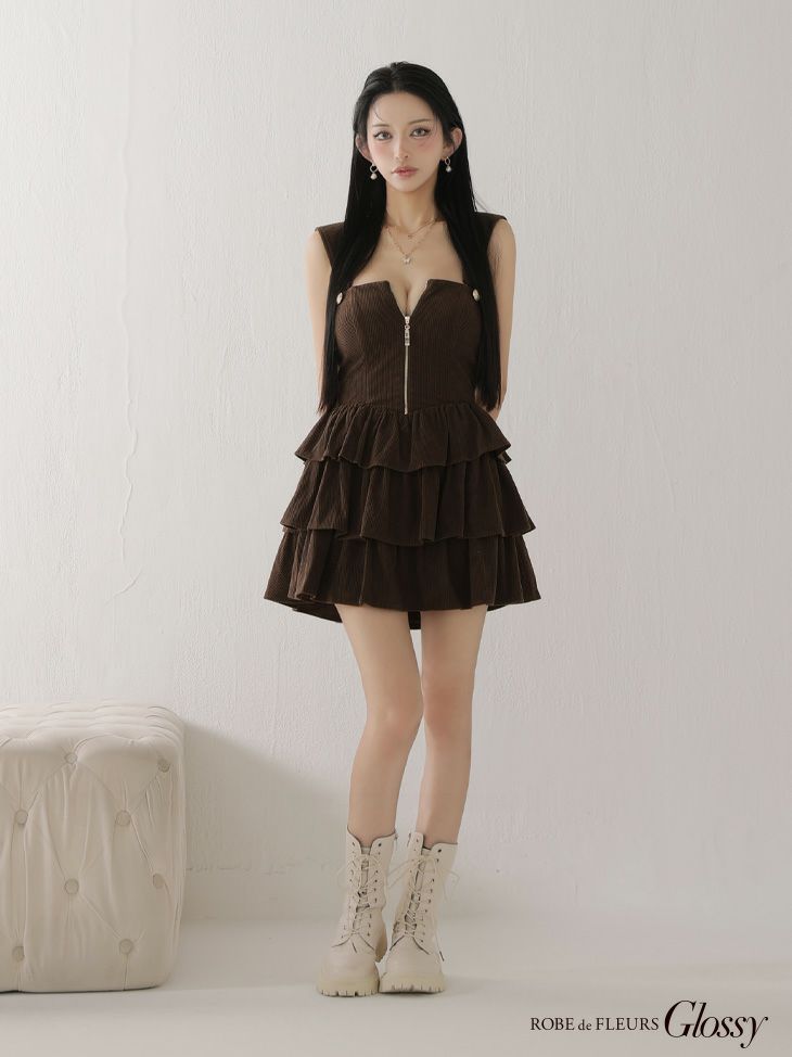 Glossy ローブドフルールグロッシー 【XSサイズあり】2wayフーディーバストジップティアードフレアミニキャバドレス gl4621-c
