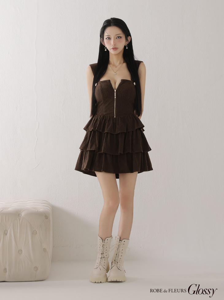 Glossy ローブドフルールグロッシー 【XSサイズあり】2wayフーディーバストジップティアードフレアミニキャバドレス gl4621-c