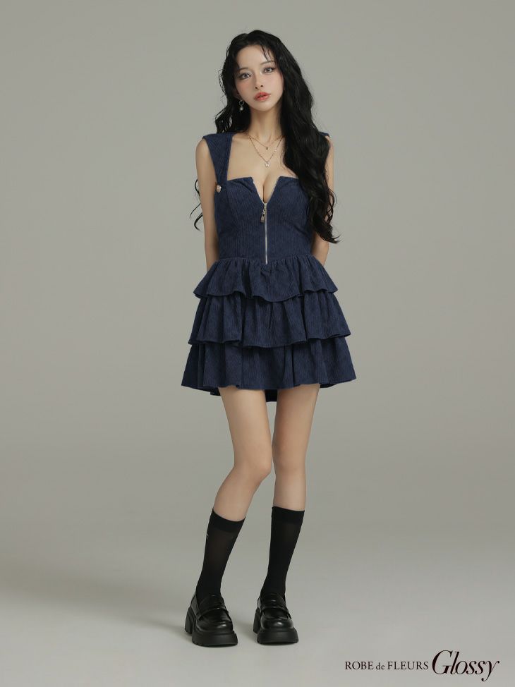 Glossy ローブドフルールグロッシー 【XSサイズあり】2wayフーディーバストジップティアードフレアミニキャバドレス gl4621-c