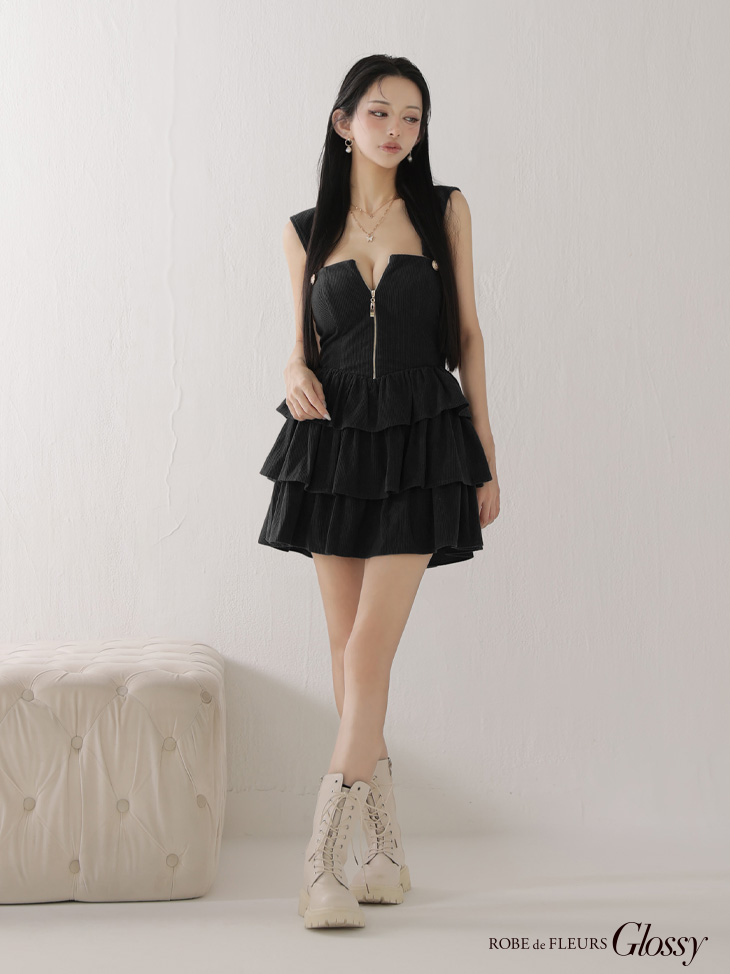 Glossy ローブドフルールグロッシー 【XSサイズあり】2wayフーディーバストジップティアードフレアミニキャバドレス gl4621-c