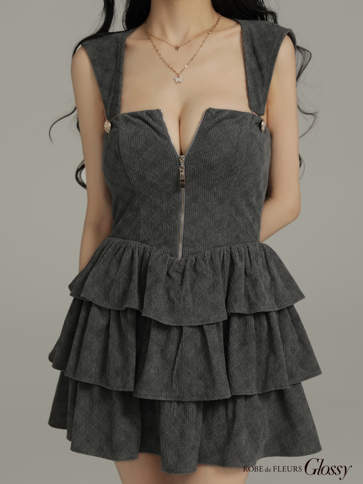 Glossy ローブドフルールグロッシー 【XSサイズあり】2wayフーディーバストジップティアードフレアミニキャバドレス gl4621-c