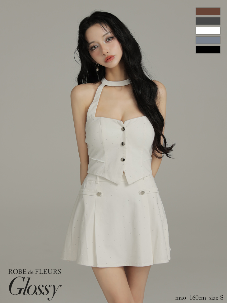 Glossy ローブドフルールグロッシー 【XSサイズあり】ストーン付きホルターシルバーボタンセットアップフレアミニキャバドレス gl4117-c