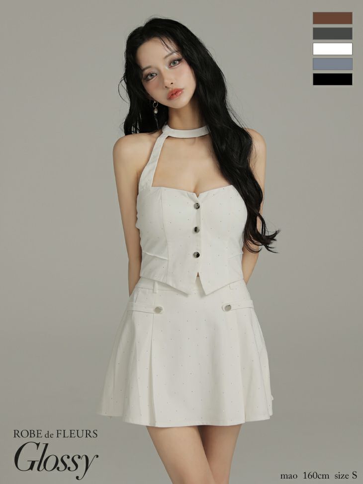 Glossy ローブドフルールグロッシー 【XSサイズあり】ストーン付きホルターシルバーボタンセットアップフレアミニキャバドレス gl4117-c