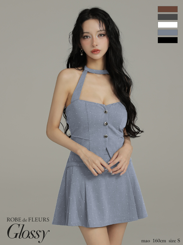 Glossy ローブドフルールグロッシー 【XSサイズあり】ストーン付きホルターシルバーボタンセットアップフレアミニキャバドレス gl4117-c