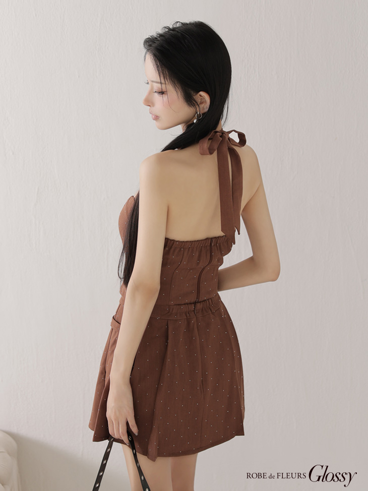 Glossy ローブドフルールグロッシー 【XSサイズあり】ストーン付きホルターシルバーボタンセットアップフレアミニキャバドレス gl4117-c